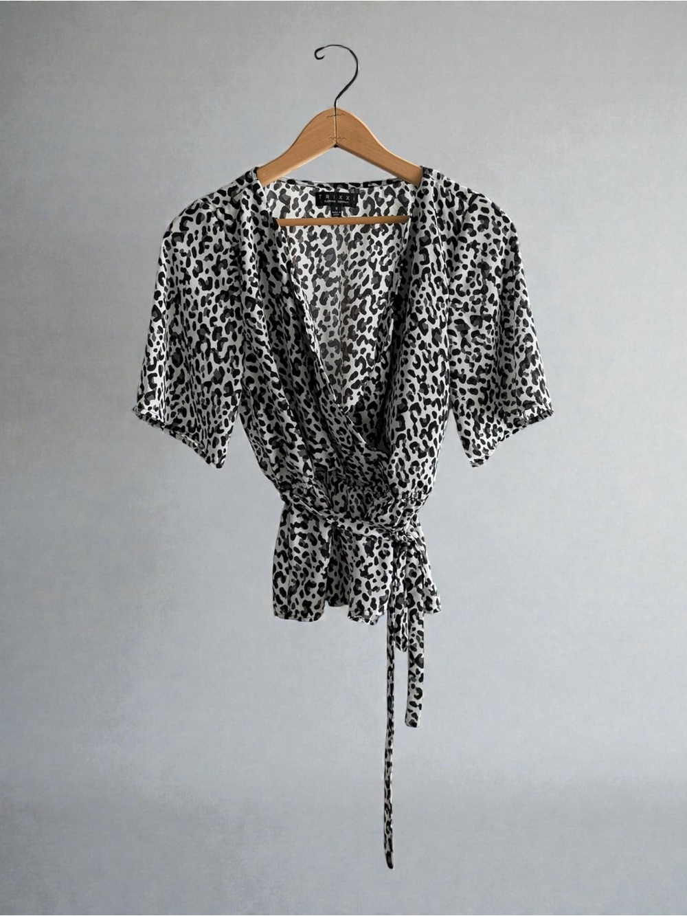 Trixxi Black and White Leopard Print Wrap Top